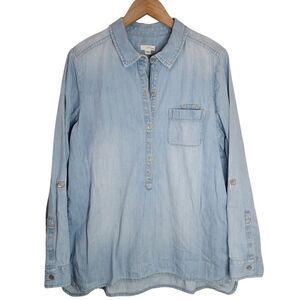 J. Jill Denim‎ Shirt Women's Medium Half Button Pocket Long Sleeve Blue